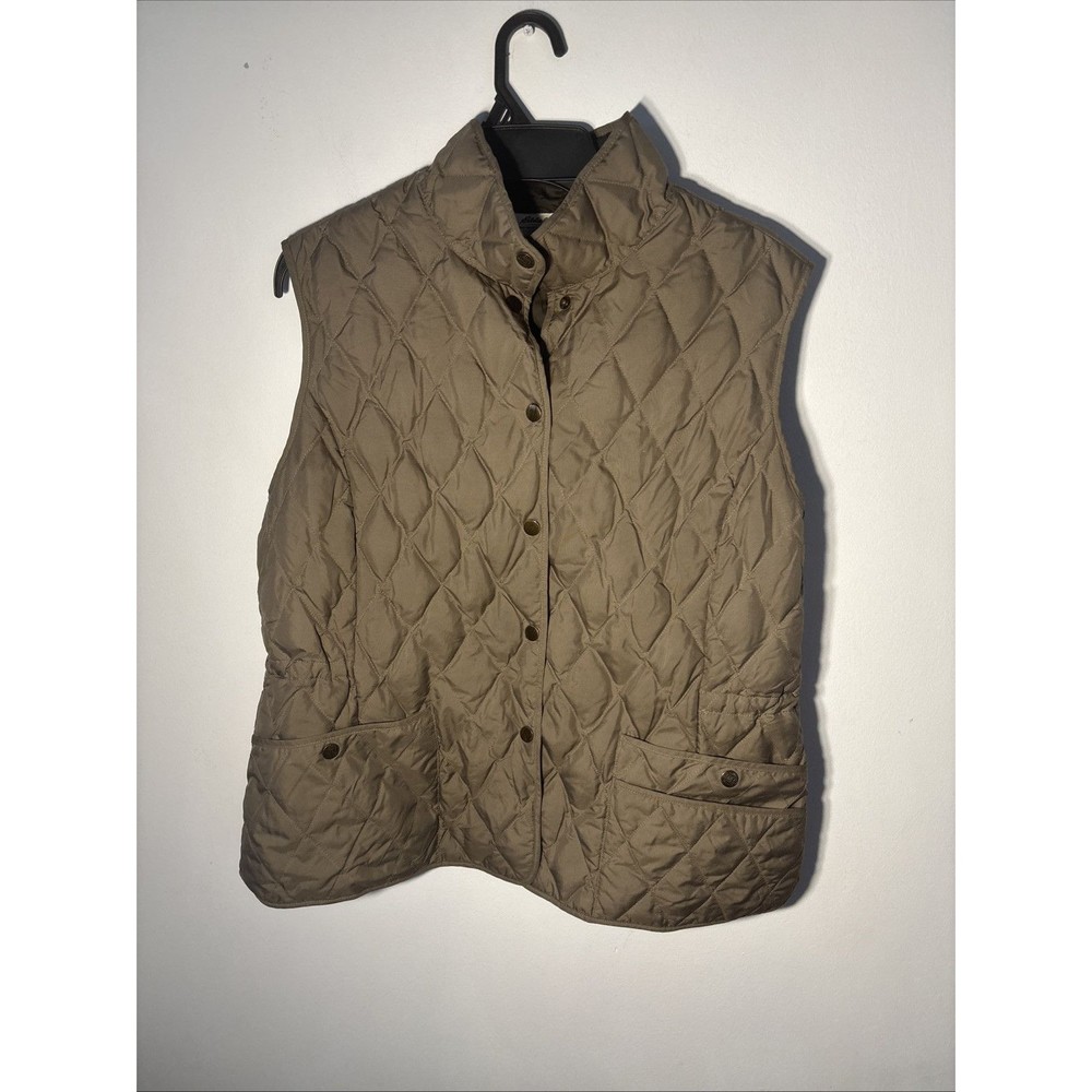 Eddie Bauer Goose Down quilted Vest Jacket brown tan Snap Up Womens M